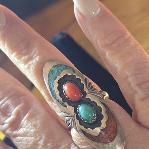 Sterling Silver Turquoise and Coral Ring